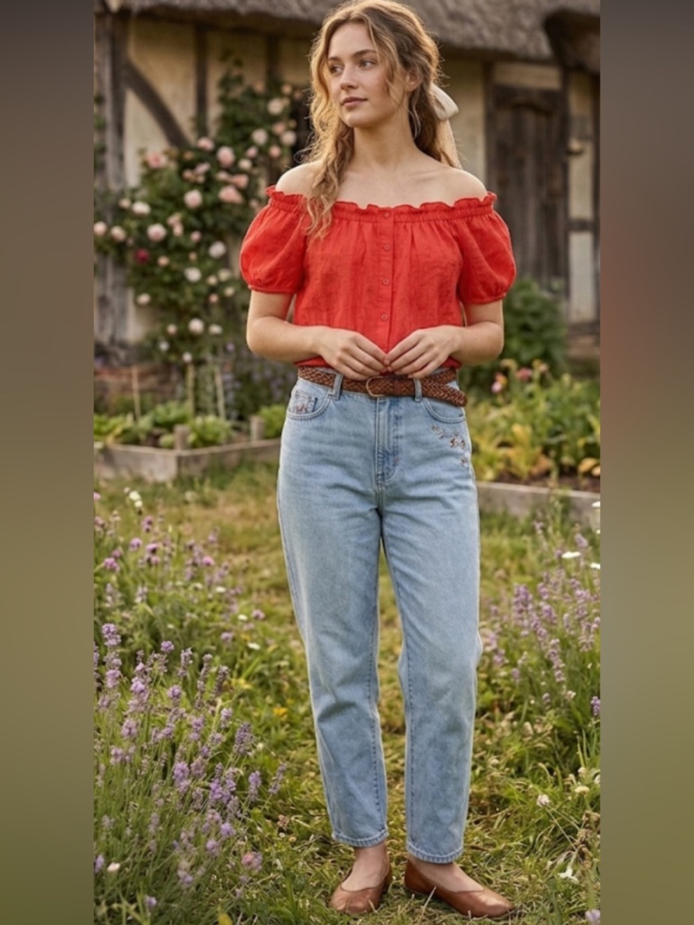 Christopher & Banks Red Ruffle Off-The-Shoulder Button Front Blouse Large